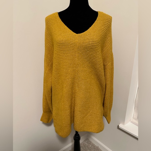 Women’s Theo & Spence Rib Knit Mustard Balloon Sleeve V-Neck Sweater - Picture 6 of 6